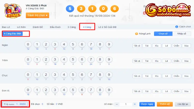 Vé đặt cược 4 càng có tỷ lệ thưởng vô vàn hấp dẫn gấp 8888 lần